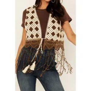 NWT Miss Me Women's Crochet Fringe Vest Multi Beige - Small